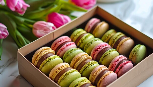 Photo a delightful assortment of colorful macarons arranged beautifully and floating in air