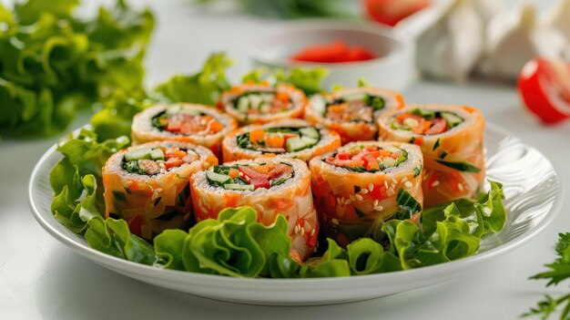 Photo delightful assortment of fresh vegetable sushi rolls perfectly arranged on crisp green lettuce