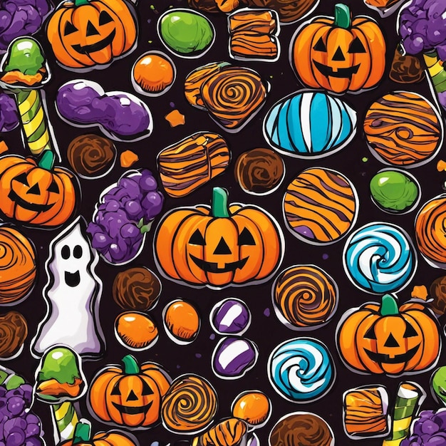 A delightful assortment of Halloween themed candies and treats including pumpkin shaped chocolates and candies This still life captures the essence of Halloween celebration and fall sweetness