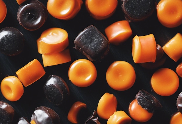 A delightful assortment of Halloween themed candies and treats including pumpkin shaped chocolates