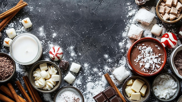 Photo a delightful assortment of hot chocolate ingredients and winter treats arranged dark rustic surface