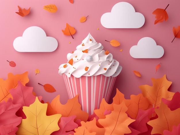 Delightful Autumn Themed Dessert with Creamy Frosting Amidst Vibrant Fall Foliage and Floating