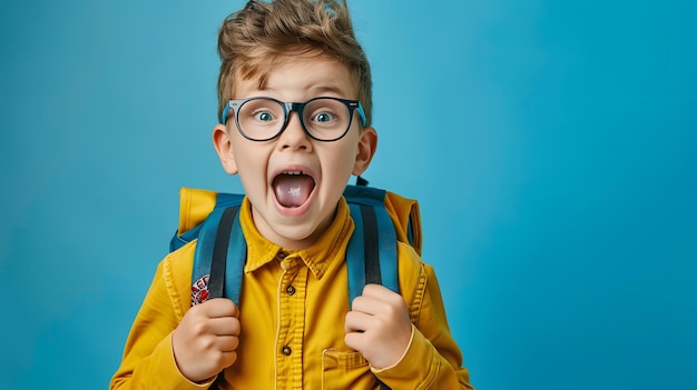 Photo delightful backtoschool portrait of a happy surprised kid against a bright blue background perfect for capturing the excitement and joy of starting school