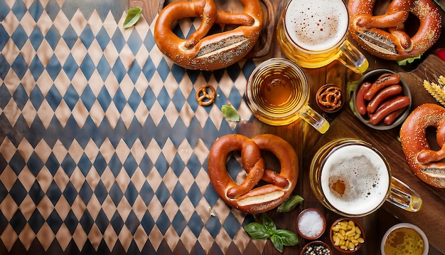 Photo a delightful bavarian beer feast featuring hearty sausages soft pretzels and frothy mugs perfect for friends gathering in celebration of traditional flavors and fun generative ai