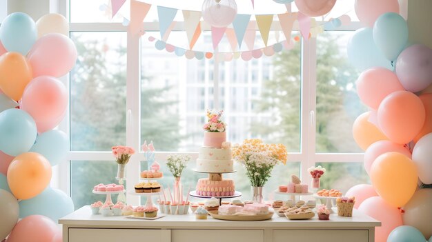 Delightful Birthday Setup with Pastel Balloons Sparkling Banner and A Cheerfully Decorated Table A