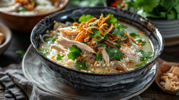 A delightful bowl of Khao Tom Thai rice soup with tender chicken ginger garlic and cilantro served with crispy fried shallots on top