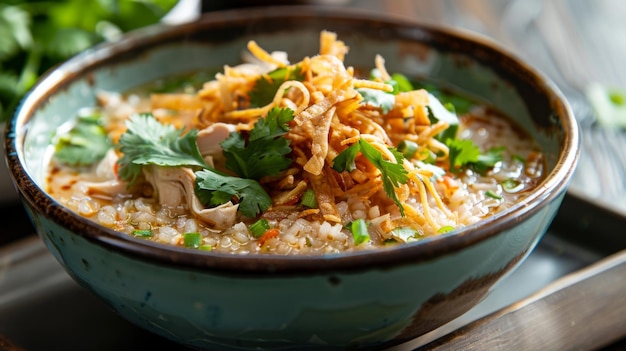 A delightful bowl of Khao Tom Thai rice soup with tender chicken ginger garlic and cilantro served with crispy fried shallots on top