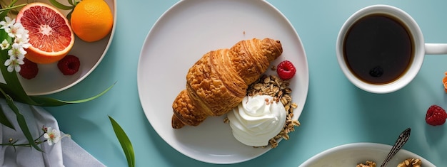 Photo delightful breakfast spread coffee croissant yogurt and fresh fruit