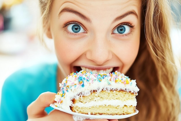 Photo delightful cake eating with cheerful friends