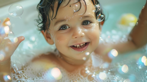 Delightful Child Giggling as They Play with Shimmering Soap Bubbles in Bathtub