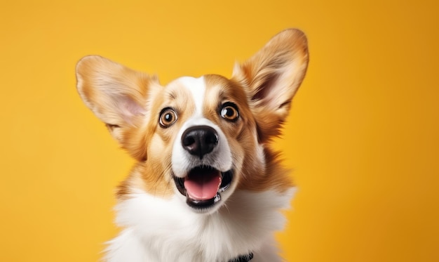 Delightful corgi dog on a vibrant yellow background exuding joy and playful energy AI generative