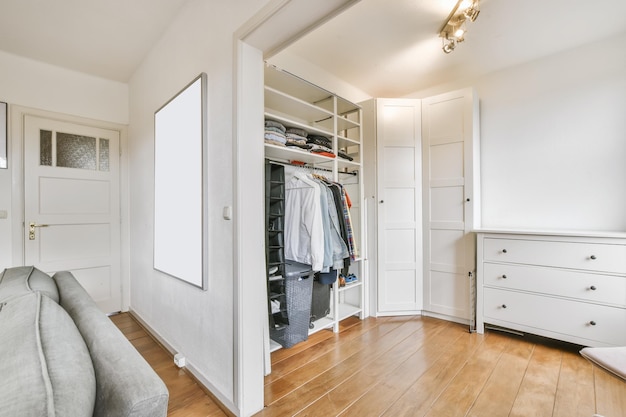 Delightful dressing room with hanged clothes