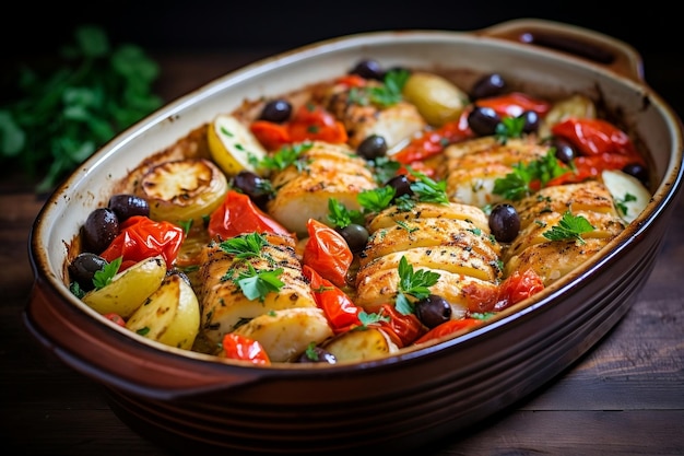 A Delightful Family Dinner with Tomato Roasted Potatoes Olives and Red Pepper Generative AI