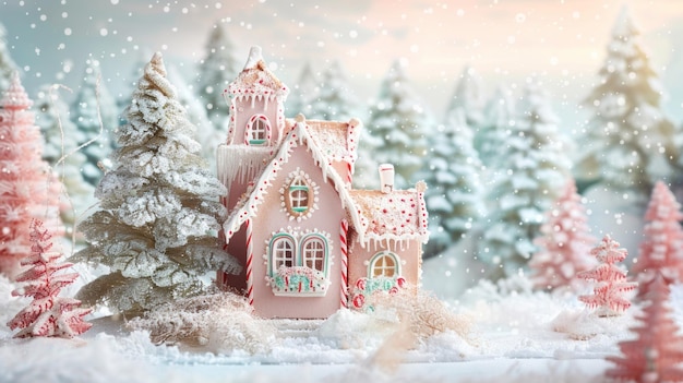 Delightful gingerbread house sits charmingly in a snowy wonderland Surrounded by decorated trees it captures the magic of the festive season with warmth and whimsy