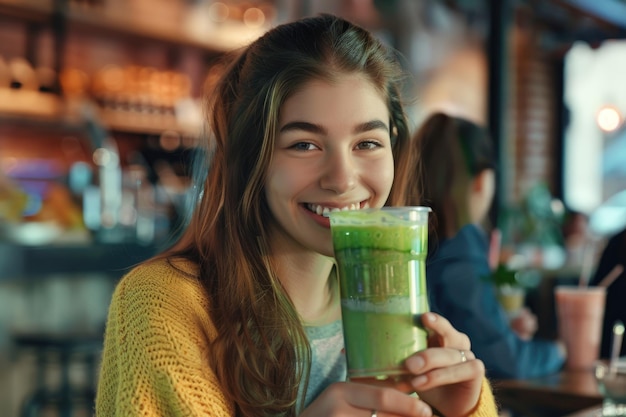 A delightful girl with an infectious smile sipping on a refreshing green smoothie in a trendy cafe