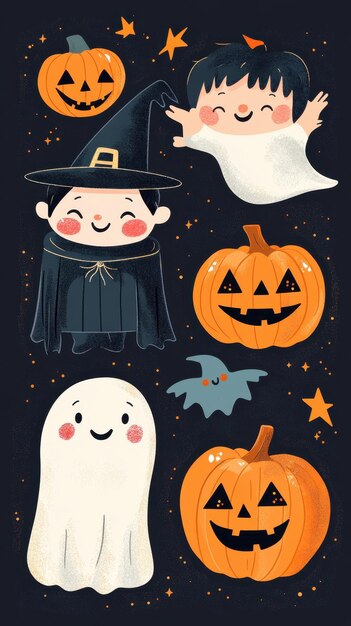 Delightful Halloween characters include a cheerful vampire a cozy ghost and smiling pumpkins