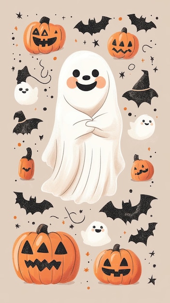 Delightful Halloween characters include a joyful vampire a cuddly ghost and smiling pumpkins