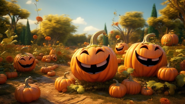 A delightful illustration of a pumpkin patch with smiling pumpkins