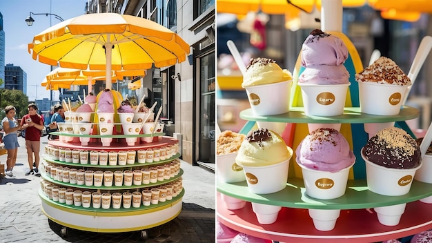 A delightful image of a vibrant and colorful gelato stand