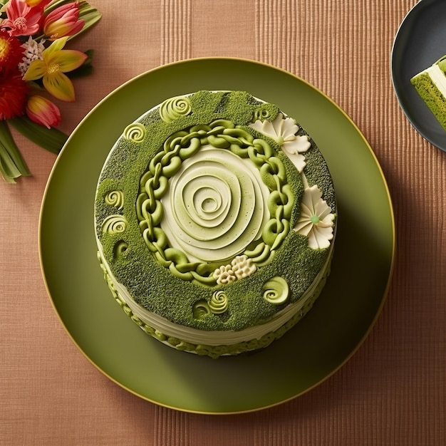 Delightful Matcha Green Tea Cake isolated on table background