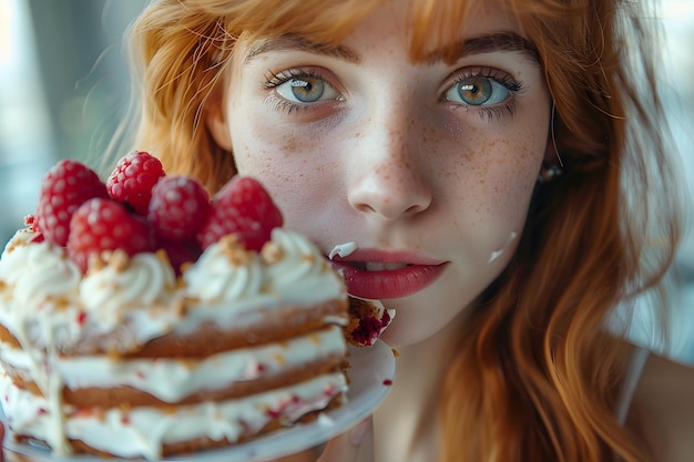 Photo delightful moment a young woman enjoys a raspberry cake