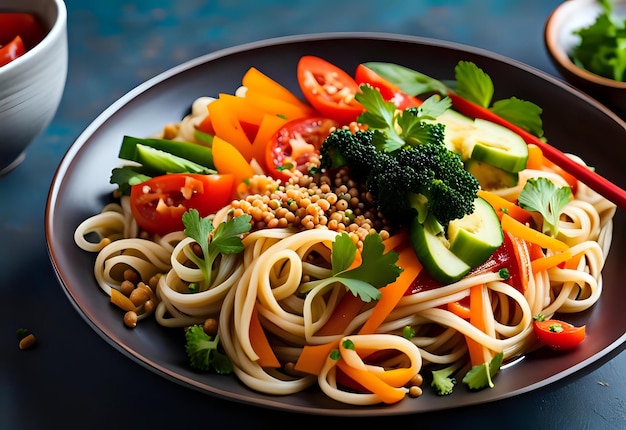 Photo a delightful noodle and vegetable smorgasbord on a platter