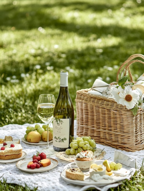 Delightful Outdoor Picnic with Wine Cheese and Seasonal Treats in Lush Garden Setting