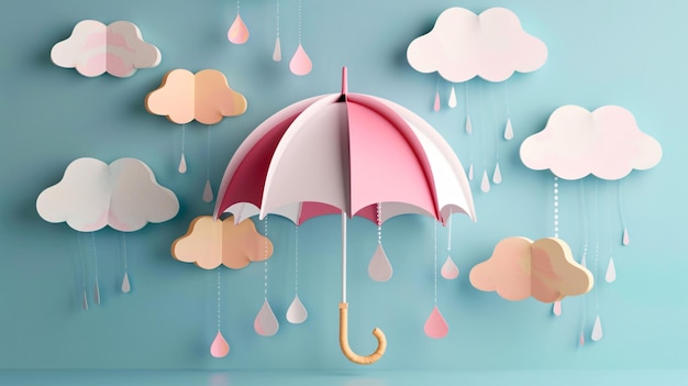 A delightful paper artstyle rendering of an umbrella exuding an aura of playfulness with its pastelcolored panels and whimsical cloud motifs inviting viewers to immerse themselves in the magic of