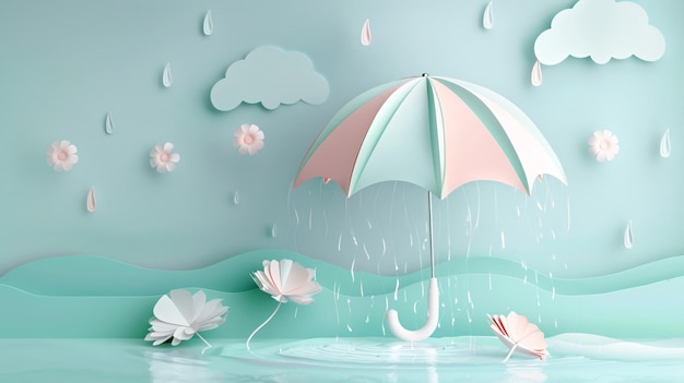 A delightful paper artstyle rendering of an umbrella exuding an aura of playfulness with its pastelcolored panels and whimsical cloud motifs inviting viewers to immerse themselves in the magic of