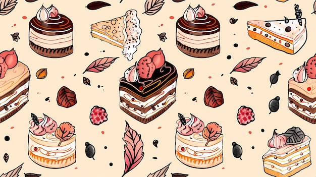 Photo a delightful pattern of assorted desserts and leaves