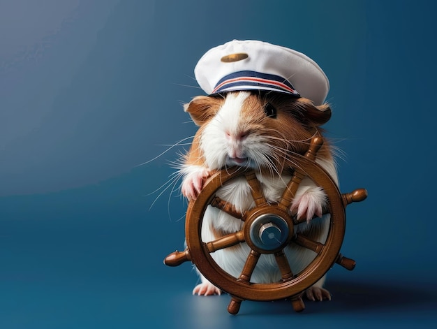 A delightful photo composition featuring a guinea pig dressed as a sailor wearing a sailor hat and holding a ships wheel isolated on a solid navy blue background perfect for creative designs