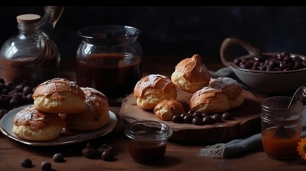 Delightful profiteroles with chocolate spread cream and fragrant tea on finished table Creative resource AI Generated