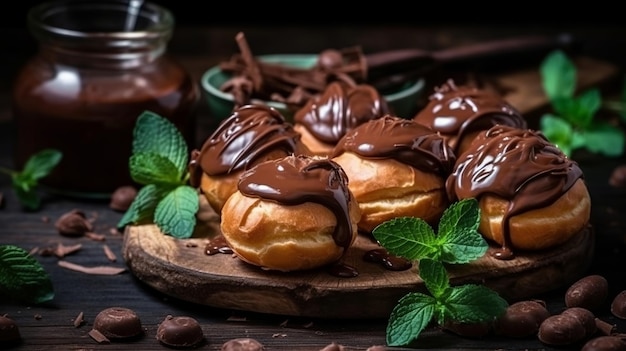 Delightful profiteroles with chocolate spread cream and fragrant tea on wrapped table Creative resource AI Generated