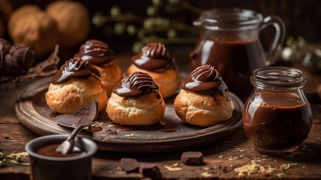 Delightful profiteroles with chocolate spread cream and fragrant tea on wrapped table Creative resource AI Generated