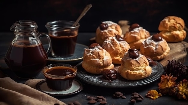 Delightful profiteroles with chocolate spread cream and fragrant tea on wrapped table Creative resource AI Generated