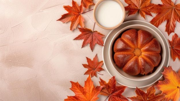 Delightful pumpkinshaped sweet buns with milk on a peach table surrounded by autumn leaves in a cozy flat lay setting