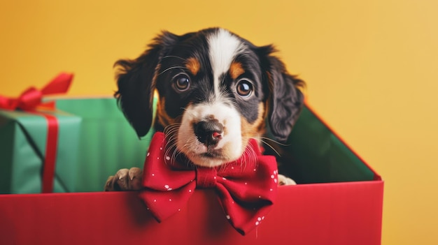 Photo a delightful puppy with a red bow peeking out of a festive gift box against a cheerful yellow background evoking joy and cuteness