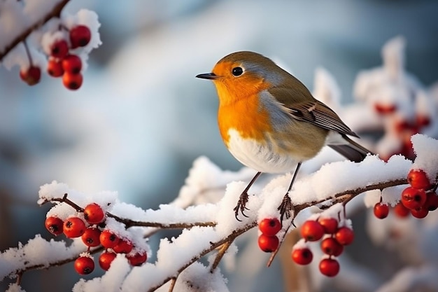 A delightful robin foraging for berries amidst snowcovered bushes