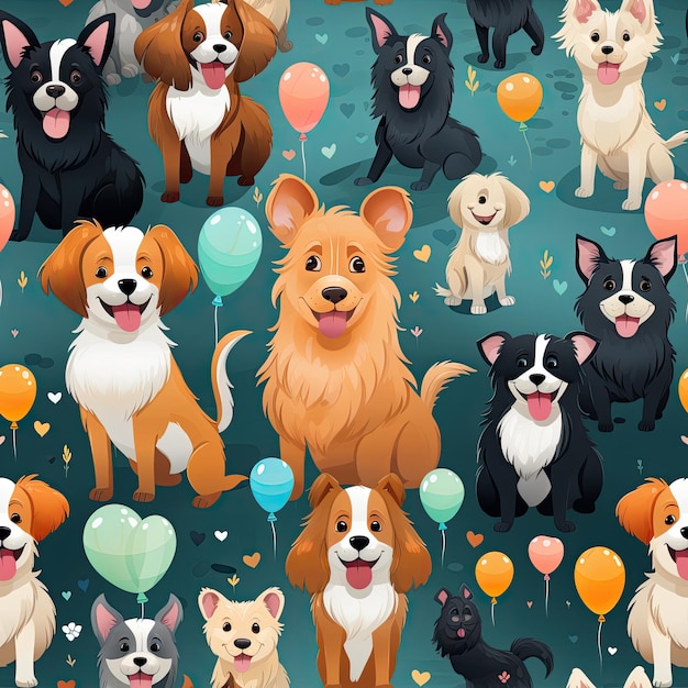 delightful seamless pattern colorful of various cute adorable dogs breed with fields of flowers