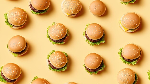 Photo a delightful seamless pattern of detailed burgers on a soft yellow backdrop showcasing intricate textures and vibrant colors in a studio setting