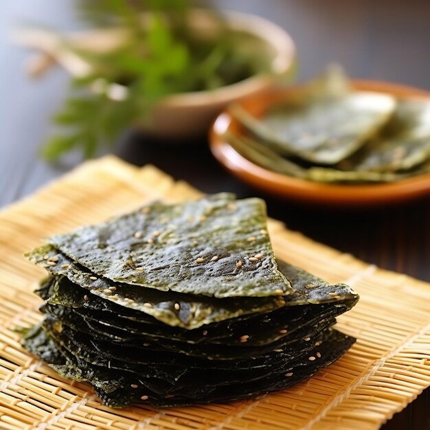 Photo delightful seaweed chips thin sheets isolated on dark background