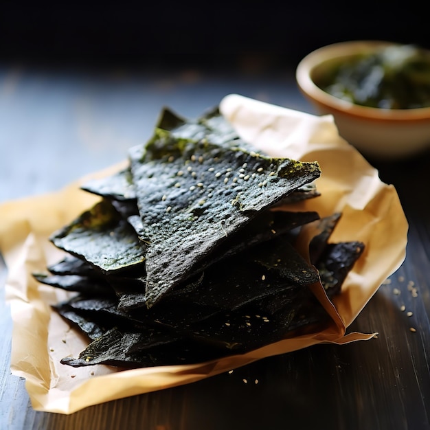 Delightful Seaweed Chips Thin sheets isolated on dark background