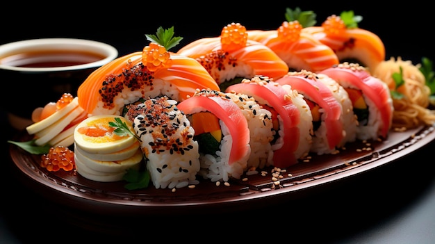 A delightful sight of fresh sushi and rolls artfully arranged on a plate inviting you to explore the flavors of Japanese cuisine Ai generated