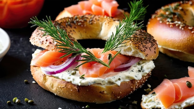 Delightful Smoked Salmon Bagel Duo with Red Onion and Dill A Nutritious Meal Display