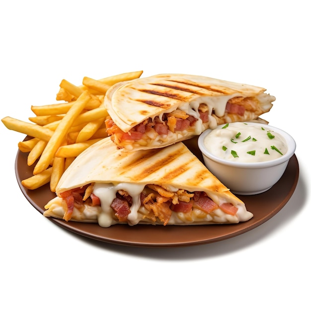 Delightful and Tasty Chicken Bacon Ranch Quesadilla with French Fries isolated on white backgrou