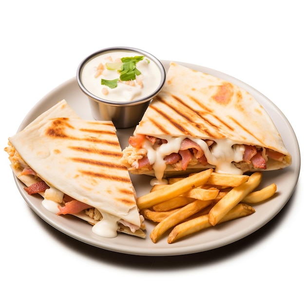 Delightful and Tasty Chicken Bacon Ranch Quesadilla with French Fries isolated on white backgrou