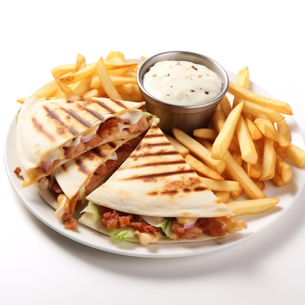 Delightful and Tasty Chicken Bacon Ranch Quesadilla with French Fries isolated on white backgrou