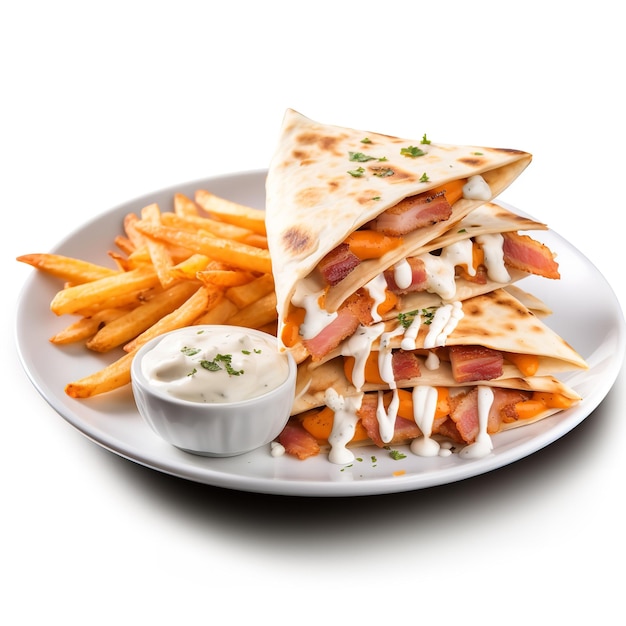 Delightful and Tasty Chicken Bacon Ranch Quesadilla with Potato Fries isolated on white backgrou