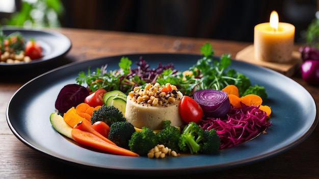 a delightful vegetarian dining experience with a beautifully arranged plate featuring vibrant color