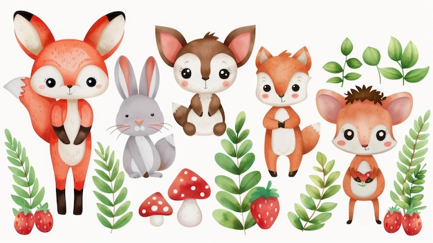 Photo delightful watercolor art featuring charming forest baby animals including a fox deer